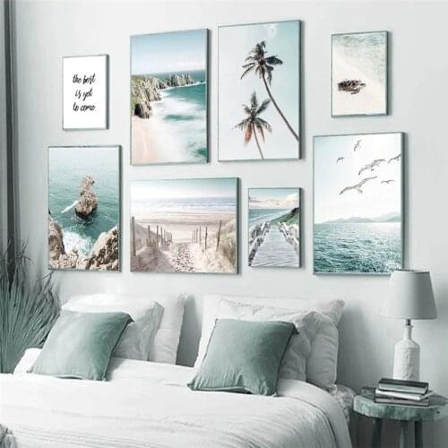 Summer Vacation Beach Seascape Poster And Prints Sea Beach Dolphins Palm Bridge Blue Canvas Wall Art Painting Pictures Decor
