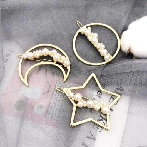 Christmas Jewelry Gold Pearl Star Moon Hair Clip Wedding Hair Accessories Vintage Circle Hair Pins For Girl Best Friends Gift