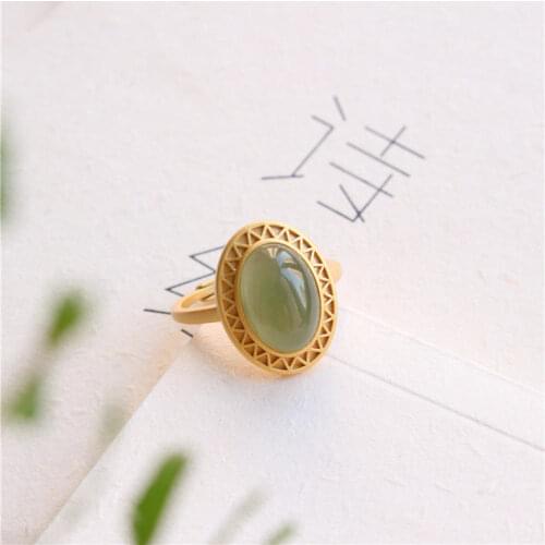 S925 Sterling Silver Natural Hetian Jade Gray Jade Oval Egg Noodle Ring Fashion All-Match Retro Ornament for Women