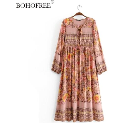 Boho Chic Floral Dresses V Neck Tassel Long Sleeve Cotton Dress Female Bohemian Style Holiday Vestidos