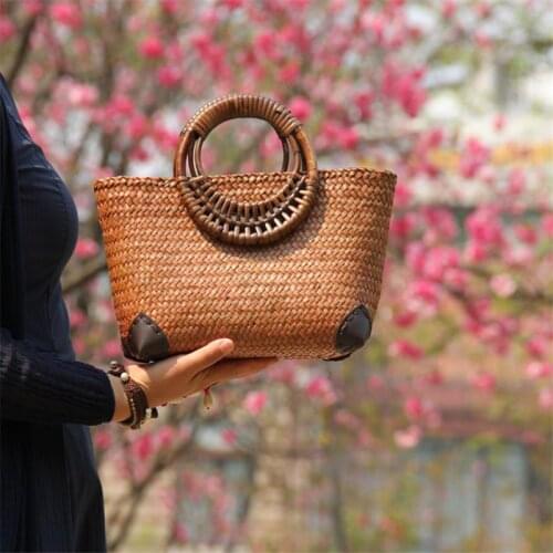 25x14CM New Thai Handmade Straw Bag Ethnic Style Lattice Bag Rattan Woven Bag Original Weaving Handbag Women a6104