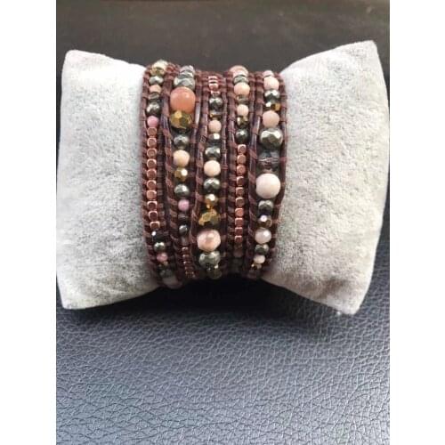 Sunstone mix pyrite beads leather bracelet handmade for lady