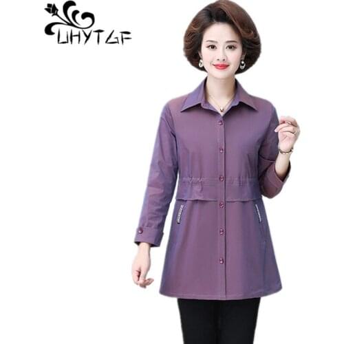 UHYTGF Fashion Women Shirt Middle-Aged Mother Spring Autumn Windbreaker Female Mid-Length Wild Thin 5XL Plus Size Tops Coat 1455