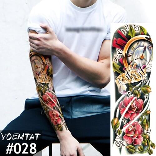 New 1 Piece Temporary Tattoo Sticker Color Clock roses Full Flower Tattoo with Arm Body Art Big Large Fake Tattoo Sticker