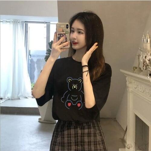 New Style T shirts Women Spring Summer Bear Print Short Sleeve Round Neck Tee shirt Femme Slim Fit Female T-shirt
