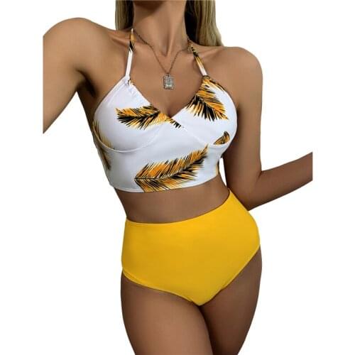 Miehuida 2021 Women Sexy Bikini Set Leaves Printed Halter Strap Swim Tops and Panty Swimwear Swimsuits Summer Swimwear