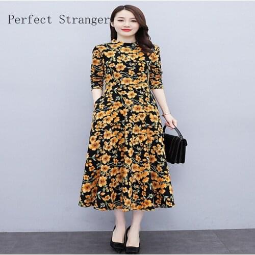2021 Autumn New Arrival High Quality Retro Stand Collar Collect Waist Long Sleeve Flower Printed Women Long Dress