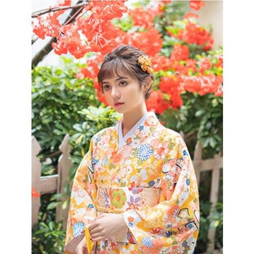 Womens Japanese Traditional Kimono Yellow Color Fans Prints Classic Yukata Cosplay Clothinig Photography Dress Stage Wear