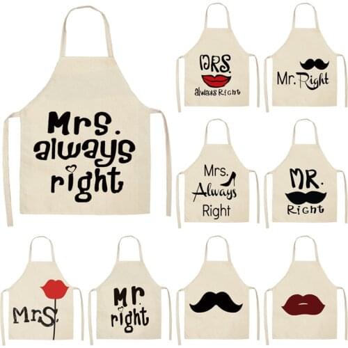 1Pcs Mr Mrs Couples Kitchen Aprons Unisex Dinner Party Cooking Bibs Cotton Linen Funny Pinafore Cleaning Tools 53*65cm