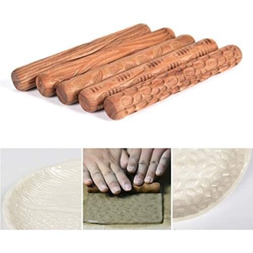 5PCS Pottery Tools Wood Hand Rollers for Clay Clay Stamp Clay Pattern Roller