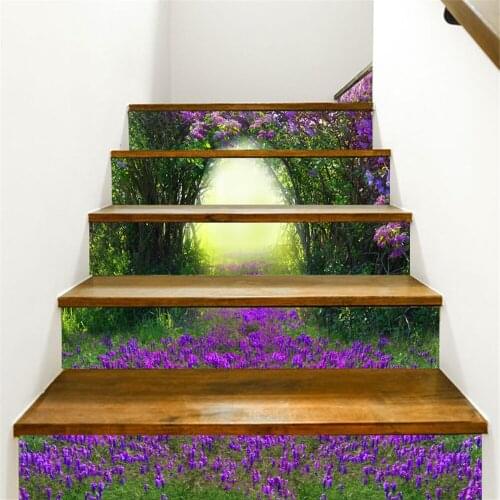 6 Pcs/set 3D Landscape Purple Flower PVC Stair Stickers Stairs Cover Wall Sticker Home Decor DIY Renew Decoration