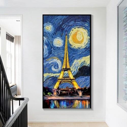 Starry Night Abstract Canvas Painting Square Iron tower Famous Classic Wall Art Print Decor Picture Modern Living Room Unframed