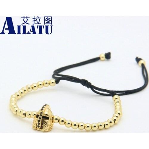 Ailatu Wholesale Black Cz Spartan Helmet Men Macrame Bracelets with 4mm Stainless Steel Beads Jewelry