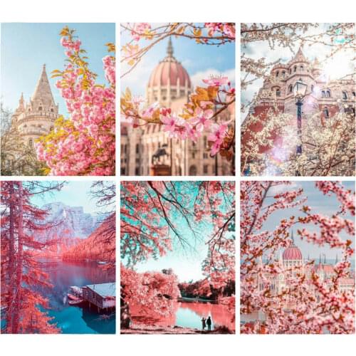 XUEQIXIAOZU 5D Diy Diamond Painting Cherry Blossom Scenery Mosaic Spring Flower Embroidery City Landscape Home Decoration