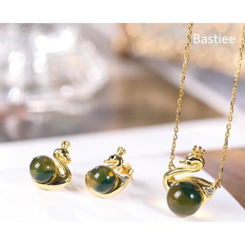 Bastiee Mexican Amber Swan 925 Sterling Silver Jewelry Sets For Women Neclace Pendants Golden Plated Stud Earrings Luxury Gifts