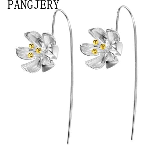 PANGJERY Prevent Allergy 925 Sterling Silver Long Pendant Lotus Flower Earrings for Women Mori Style Wedding Jewelry Gifts