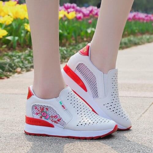 Women Comfortable Casual Shoes Summer Slip On Loafers Mixed Colors Hollow Out Increasing Internal Height Sneakers