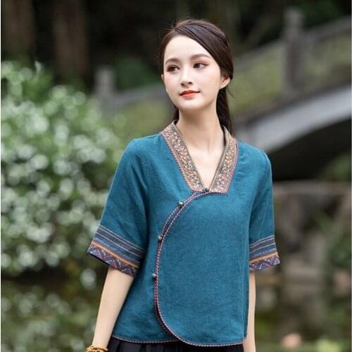 Summer Chinese Traditional Clothing Women Classic Embroidery Tang Suit Qipao Shirts Hanfu Linen Ethnic Vintage Chinese Top 12715