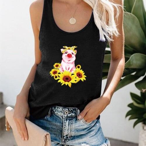 Cute Sunflower Turban Pig Print Women Tank Tops Sleevelees 0-neck Funny Tops Woman Clothes Casual Fashion Femme Vest