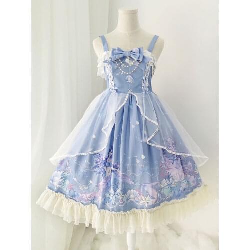 Sweet Lolita Dress Lace Beading Tulle Lolita Jumper Skirt With Ruffle and Bow