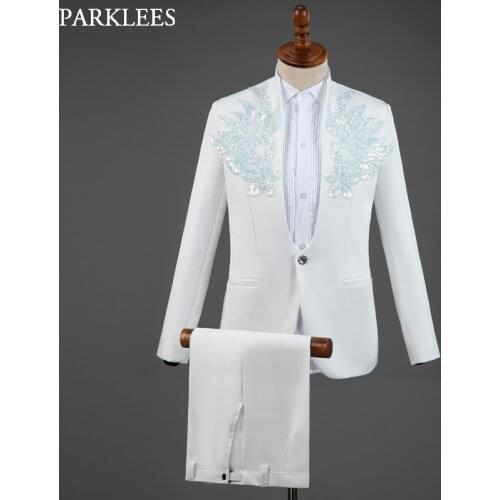 White Mens Suits with Pants Tuxedo Sequin Men Suits for Wedding Stage Costume Homme Slim Fit Mens Suits Set Luxury Groom Suit