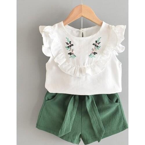 New Summer Girls Clothes Set Kid Suit Flower Embroidery Collar Top+Shorts 2PCS Outfits Sleeveless Suits for Toddler Girl Clothes