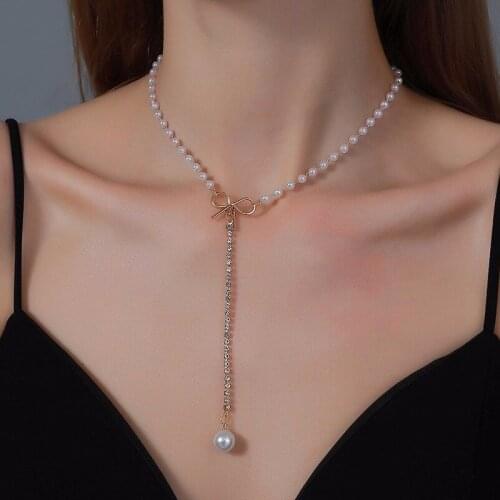 New Beads Women Neck Chain Pearl Choker Necklace Gold Color Bowknot Shape Choker Pendant Jewelry 2021 Gifts
