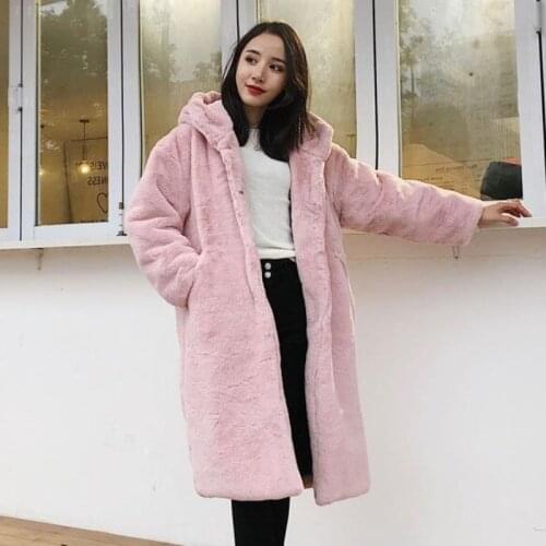 Fashion Plush coat women winter imitation Rabbit Fur grass loose medium length 2021 new hooded thickened coat