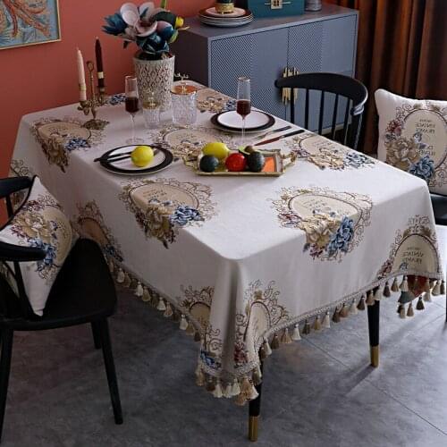 Embroidered Tassel Table Cloth Flowers Retro Rectangular Beige Square Dining Coffee Table Cover for Kitchen Party Europe 3D
