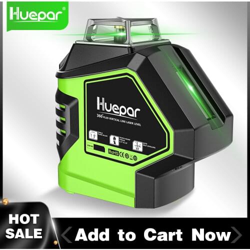 Huepar 360 Degree Green Laser Level with 2 Plumb Dots Point Cross Line Self Leveling Measure Tool 5 Lines Vertical Horizontal