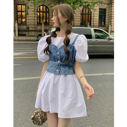 Korean Fashion Chic Women 2 Piece Long Blouses Sets Puff Sleeve Turn-down Collar Top Sashes Slim Cowboy Vest Two Piece Dress Set