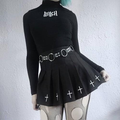 Cool Girl Sexy Punk Cross Print Pleated Skrit Women Black White Basic All-Match Chic Gothic High Waist Mini Skirts Short Dress