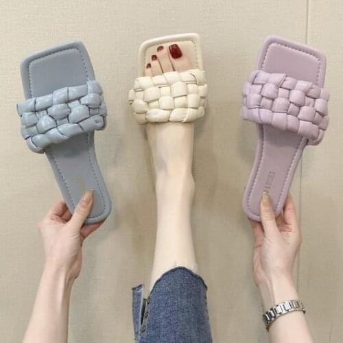 FZNYL New Weave Slippers Women Square Toe Flat Casual Shoes Women Slide 2021 Summer Candy Flip Flops Beach Sandal