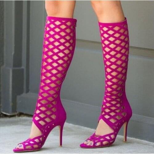 New Arrivals Rose Red Laser Hollow Women Boots Knee High Peep toe Cut-out Gladiator Sandals Shoes Stretch Runway Boots Big Size