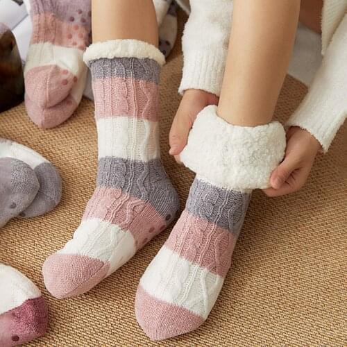 Women Warm Socks Non-slip Stockings Stripes Winter Soft Cute Thick Floor Socks House Slippers