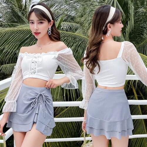 2021 New Korean Bikini Woman Two Piece Swimsuit Solid Swimwear Sexy Bikini Set Female Swimwear High Waist Beach Swimskirt