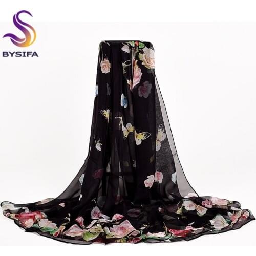 [BYSIFA] Fall Winter Roses Black Silk Scarf Shawl Women Fashion Luxury Brand 100% Silk Long Scarves Summer Beach Cover-ups Shawl