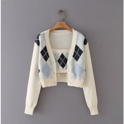 MESTTRAF Women 2021 Plaid Jacquard V-neck Knit Cardigan Wrapped Chest Set Knit Cardigan Coat Sleeveless Wrapped Chest Top