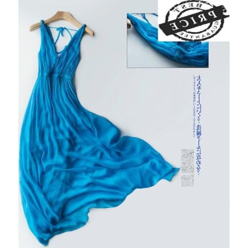 Summer 100% Real Silk Dress Women Maxi Vestidos Korean Long Sexy V Neck Dresses Woman Vintage Beach Party Night Dresses