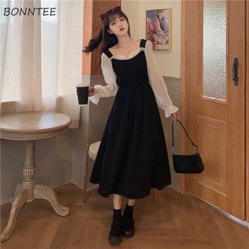 Dress Women Patchwork Vintage Chiffon Lovely Draped Elegant Empire Fashion Square Collar Spring Puff Sleeve Design Aesthetic Ins