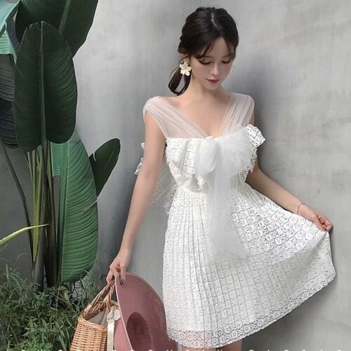 White Dresses Summer 2019 Formal Dress Women Elegant Backless Lace Patchwork Tull Bow Birthday Dress Banquet Vestido DD2184