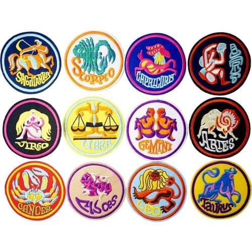 Zodiac Sign Astrology Embroidered Iron on Patches for Clothing DIY Stripes Clothes Patchwork Sticker Custom Applique