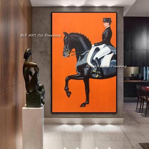 100% Handmade Classic Modern Orange Horse Racing Canvas Painting Cool Wall Art Wall Pictures For Entryway Large Size Home Decor
