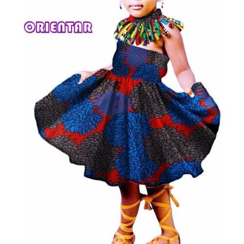 Baby Girls African Dresses African Print Cotton Off Shoulder Ball Gown With Tassels Choker Necklace Cute Children Dress WYT221