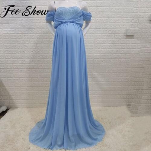 White Long Maternity Photography Props Pregnancy Off Shoulder Chiffon Dress For Photo Shoot Pregnant Dress Sexy Lace Maxi Gown