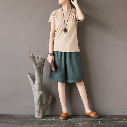 Women Summer Linen Knee Length Vintage Pants Ladies Casual Retro Solid Color Elastic Waist Pants Trousers Female