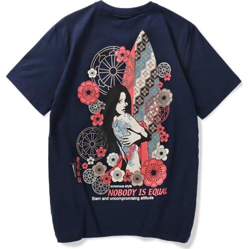 Japanese Tattoo Flower Printing Cotton Short Sleeve T Shirt Mens Cherry Blossom Beauty Pattern Tops Tee Shirts