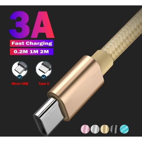 Nylon Fast Charging Cable Type C Micro USB For Huawei P30 Lite Samsung M01 Moto E4 Smart phone Charge Cord Data Cable 0.2M 1M 2M