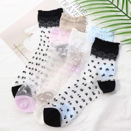 Korean Heart Love Tulle Glass Silk Socks Women Summer New Ladies Lace Transparent Ultra-thin Mesh Colorful Sheer Socks