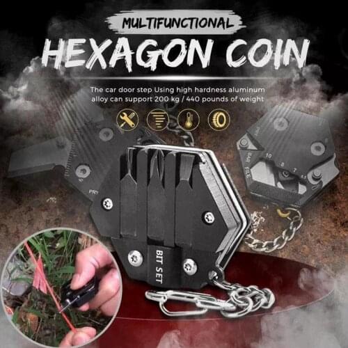 Multifunctional Hexagon Coin Outdoor Tool Hexagon Folding Coin Keychain Screwdriver Pocket Fold Mini Gear Outdoor Tool